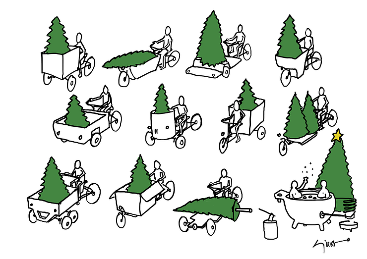 Christbäume auf Cargobikes Illustration von Sjoerd van Roijen.